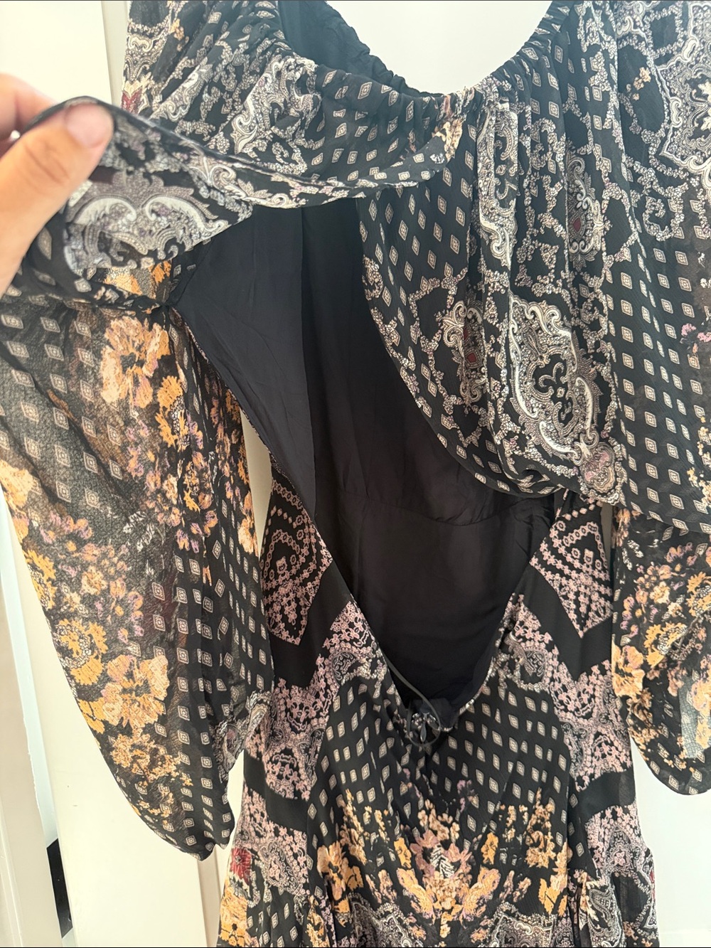 Free People Black Floral Print Long-Sleeve Boho Dress - Picture 6 of 8